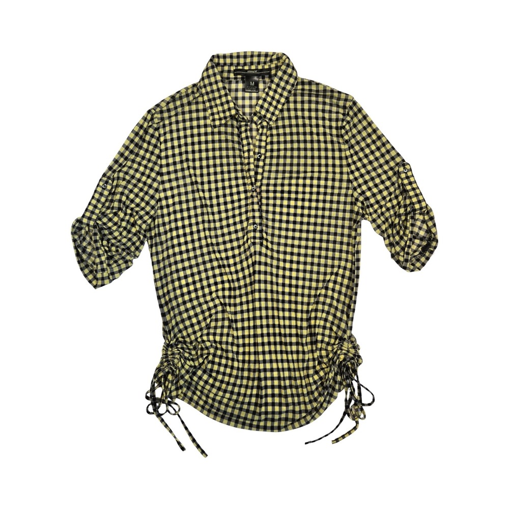 Black & yellow plaid gingham oversized ruched button up short sleeve shirt MD - Picture 1 of 6